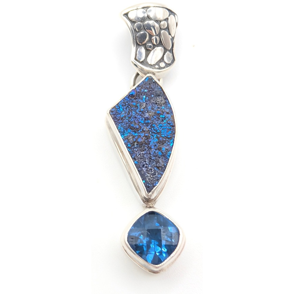 Sarda Sterling Silver Blue Druzy Quartz Faceted Gemstone Statement Pendant 9.6g